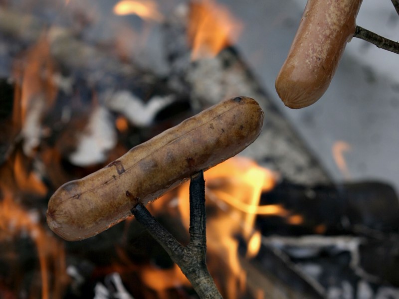 Pøser grilles på pinner over et bål i snøen